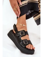 Sandały Damskie Na Platformie I Koturnie Z Klamrami Czarne Genorre