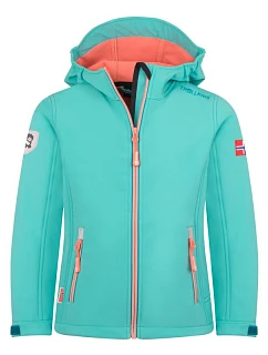 Trollkids Trollfjord Softshellová bunda aquamarine mist/port blue/peach mellow (175-137)