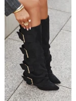 Kozaki Damskie Na Słupku Z Wywiniętą Cholewką I Złotymi Klamrami Eko Zamszowe Czarne Isavelle