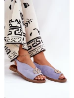 Sandały Damskie Z Ozdobą Na Płaskim Obcasie Eko Zamszowe Niebieskie Ralisses