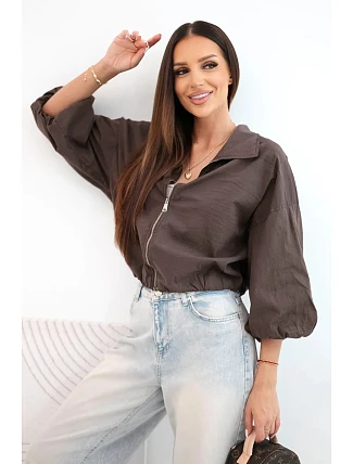 Dámska bavlnená bunda typu bomber na zips, hnedá