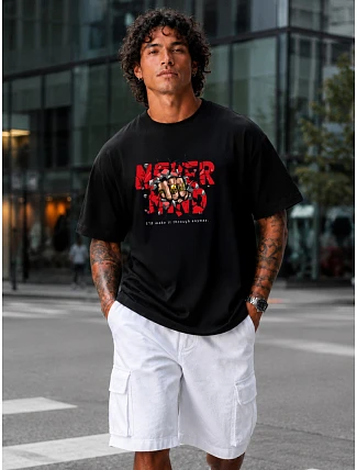 Pánske oversize tričko s nápisom NEVER MIND čierne FashionStreet NX1021R Pánske oversize tričko s nápisom NEVER MIND čierne FashionStreet NX1021R