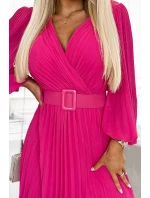 414-4 KLARA plisované šaty s opaskom a výstrihom - FUCHSY
