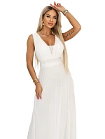 637-8 Dlhé maxi šaty s brokátovým akcentom a hlbokým výstrihom - ecru