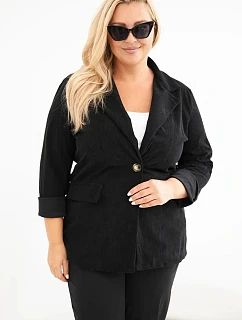 Dámske sako Plus Size z manšestru s klopami a vreckami, čierne