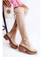 Zamszowe Damskie Kozaki Za Kolano Jasnobeżowe Cheera