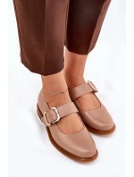 Skórzane Półbuty Damskie Z Klamrą Laura Messi 2980 Ciemnobeżowe