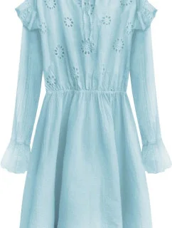 Svetlo modré bavlnené dámske šaty s výšivkou (303ART)