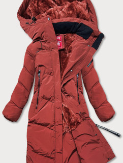 Dlhá dámska zimná bunda v tehlovej farbe s kožušinovou podšívkou (2M-011)