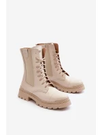 Skórzane Damskie Botki Workery Sznurowane Jasnobeżowe Nicole 2836