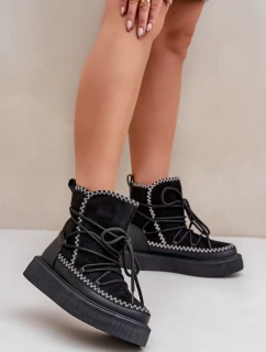 Śniegowce Damskie Z Haftem Na Platformie Czarne Naleris