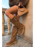 Kožené semišové dámské kozačky s přezkami zateplené Big Star OO274A182 béžové