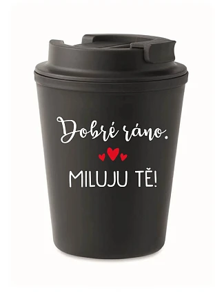 Hrnček „Dobré ráno. Milujem ťa!“ – čierny termohrnček 300 ml Hrnček „Dobré ráno. Milujem ťa!“ – čierny termohrnček 300 ml