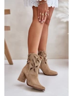 Zamszowe Ażurowe Botki Na Słupku Lewski 3629 Beżowe