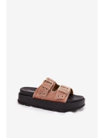 Klapki Damskie Ze Złotymi Klamrami Na Platformie Beżowe Virvania