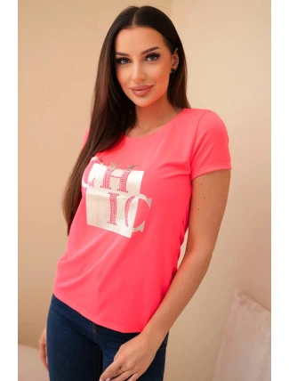 Dámske bavlnené tričko s potlačou CHIC pink neon Dámske bavlnené tričko s potlačou CHIC pink neon