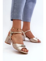 Sandały Damskie Eko Skórzane Na Słupku Z Ozdobami Złote Narhi