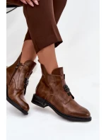 Ocieplane Skórzane Botki Damskie Z Ozdobnym Detalem Brązowe Briselda