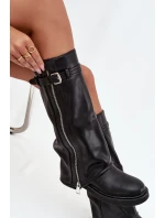 Kozaki Damskie Z Wywiniętą Cholewką Klamrą I Srebrnym Zamkiem Ocieplane Czarne Bressa