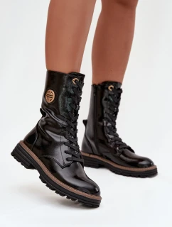 Lakierowane Botki Workery Damskie Ze Złotym Detalem Ocieplane Czarne Dorialine