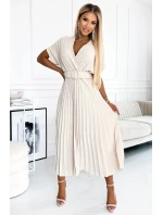 471-1 FELICIA Plisované midi šaty s výstrihom a širokým opaskom - BEACH 471-1 FELICIA Plisované midi šaty s výstrihom a širokým opaskom - BEACH