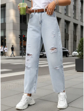 Dámske baggy džínsy s odieraním svetlomodré FashionStreet UY2889