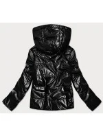 Lesklá čierna dámska bunda s kapucňou (B9575)