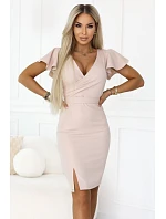 479-13 NINA elegantné šaty s obálkovým výstrihom, rukávmi a opaskom - béžové s trblietkami