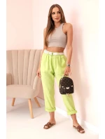 Dámske ľanové nohavice s bavlnou a opaskom svetlozelenej farby Dámske ľanové nohavice s bavlnou a opaskom svetlozelenej farby