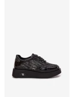 Skórzane Sznurowane Półbuty Damskie Na Platformie Artiker 57C2043 Czarno-Srebrne