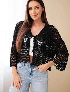 Dámsky letný čipkovaný sveter s gombíkmi a dlhými rukávmi čierny