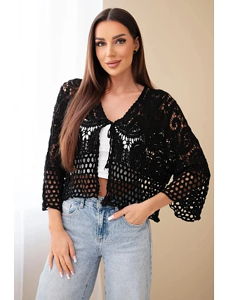 Dámsky letný čipkovaný sveter s gombíkmi a dlhými rukávmi čierny Dámsky letný čipkovaný sveter s gombíkmi a dlhými rukávmi čierny