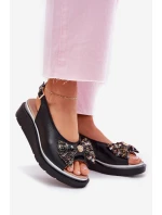 Skórzane Sandały Damskie Na Koturnie Z Kokardą Zazoo 1882 Czarne