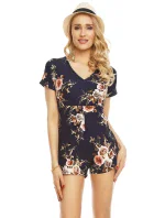 Overal dámsky Šortkové s krátkym rukávom kvetinový tmavomodrý - Tmavo modrá - Noémi Kent Paris