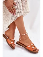 Klapki Damskie Na Płaskim Obcasie Ze Złotymi Przypinkami Pomarańczowe Nalothiel