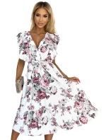 466-1 Šaty GABRIELLA s volánom, výstrihom a viazaním - BIELE S HRAJÚCIMI PINKAMI