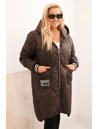 Dámska prešívaná bunda Plus Size s kapucňou a športovými manžetami Brown