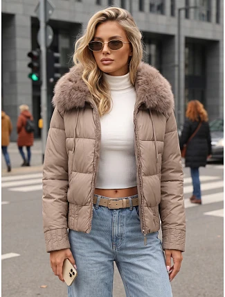 Dámska zimná prešívaná bunda s kožušinou, béžová, FashionStreet TY5830 Dámska zimná prešívaná bunda s kožušinou, béžová, FashionStreet TY5830