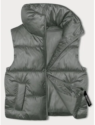 Krátka dámska vesta v khaki farbe so stojatým golierom (B8245-11) Krátka dámska vesta v khaki farbe so stojatým golierom (B8245-11)