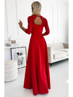 Elegantné čipkované dlhé šaty s výstrihom a rozparkom Numoco AMBER - červená