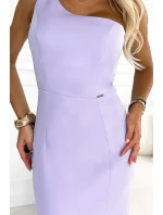 317-6 Dlhé šaty s volánom a asymetrickým výstrihom - levanduľové