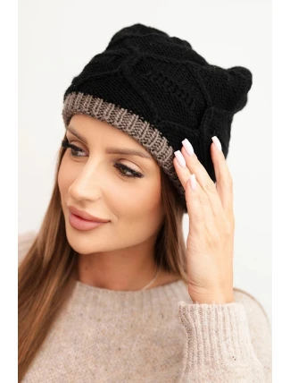 Dámska zimná čiapka z vlny s pleteným vzorom K443 black + cappuccino