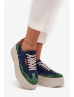 Zamszowe Sneakersy Damskie Na Platformie Zazoo N1269S3 Zielono-Granatowe