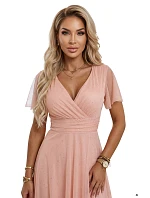635-7 MELANIA Dlhé trblietavé svadobné šaty s krátkymi rukávmi a výstrihom - broskyňové 635-7 MELANIA Dlhé trblietavé svadobné šaty s krátkymi rukávmi a výstrihom - broskyňové
