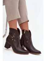 Skórzane Ażurowe Botki Damskie Na Słupku Zazoo 3647 Czekoladowe