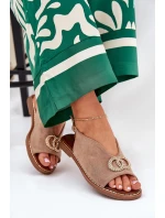 Sandały Damskie Z Ozdobą Na Płaskim Obcasie Eko Zamszowe Ciemnobeżowe Ralisses