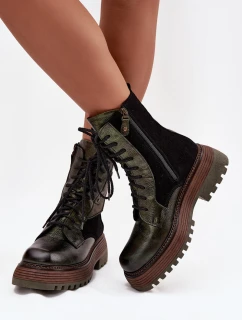 Skórzane Botki  Damskie Na Platformie Maciejka 07104-09 Ciemnozielone