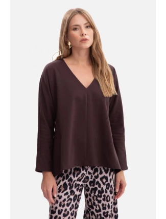 B304 Pletený sveter s výstrihom do V - tmavá čokoláda