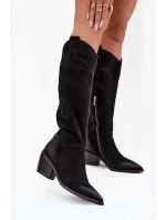 Dámské kožené cowboy kozačky na podpatku z přírodního semiše Artiker 57C0232 Černé