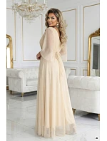 654-2 Dlhé trblietavé plus size šaty s výstrihom a priehľadnými rukávmi - šampanská béžová 654-2 Dlhé trblietavé plus size šaty s výstrihom a priehľadnými rukávmi - šampanská béžová